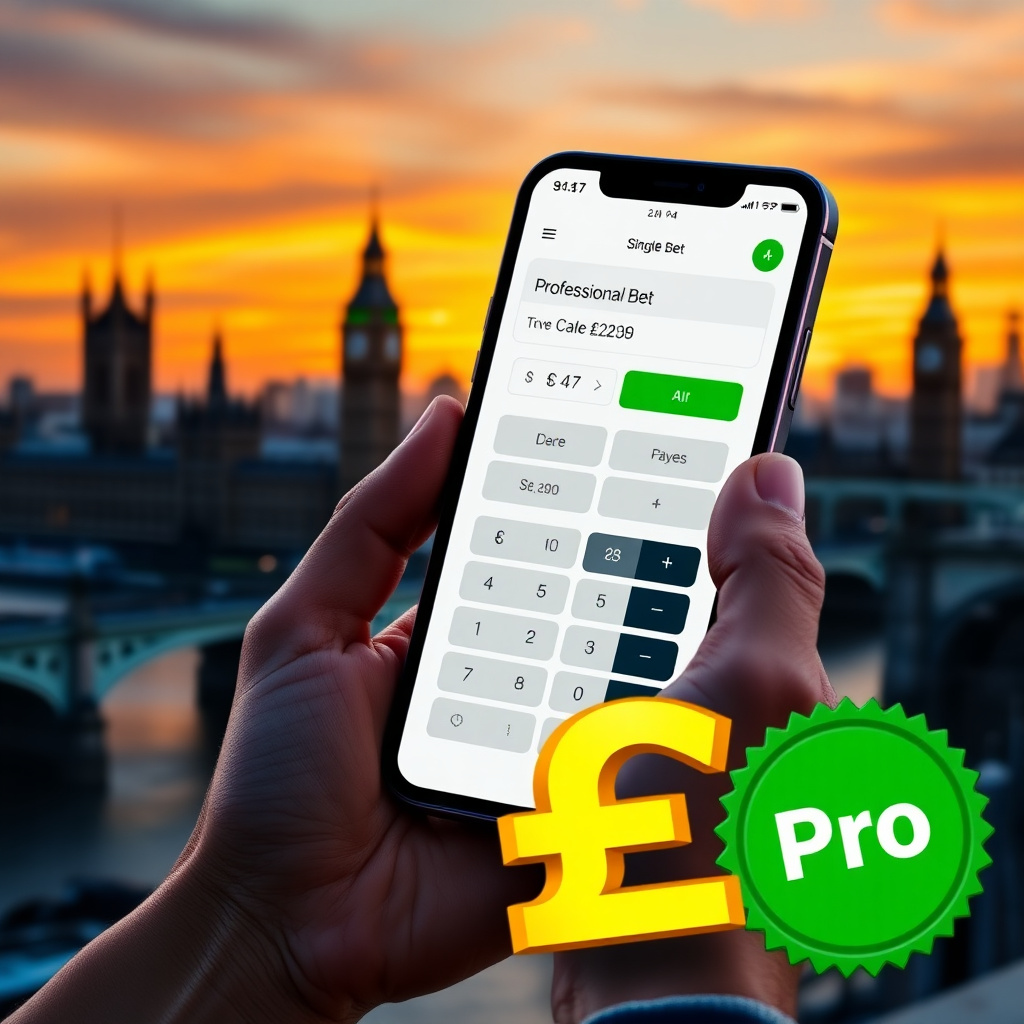 A hand holding a high-end smartphone displaying a professional Single Bet Calculator app with a clean white and green interface, background is the London skyline with the Big Ben and Westminster at sunset, 3D golden British Pound symbols (£) and green pro
